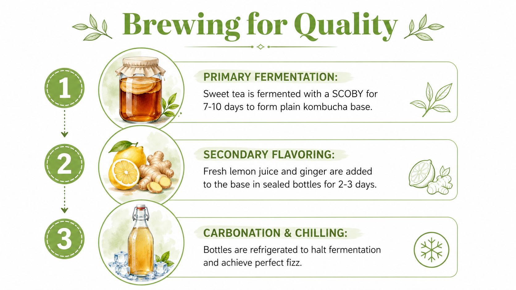 A three-step infographic illustrating the process of making lemon ginger kombucha from fermentation to final refrigeration.