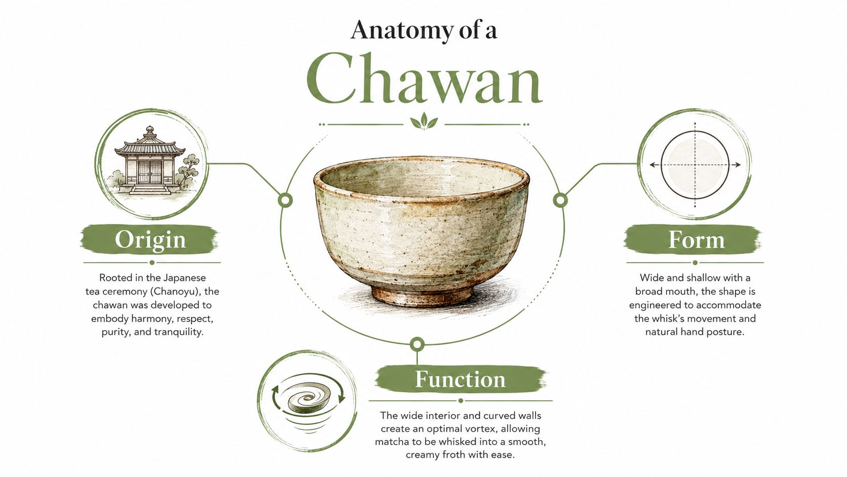 An infographic titled Anatomy of a Chawan, explaining the origin, form, and function of a Japanese matcha bowl.