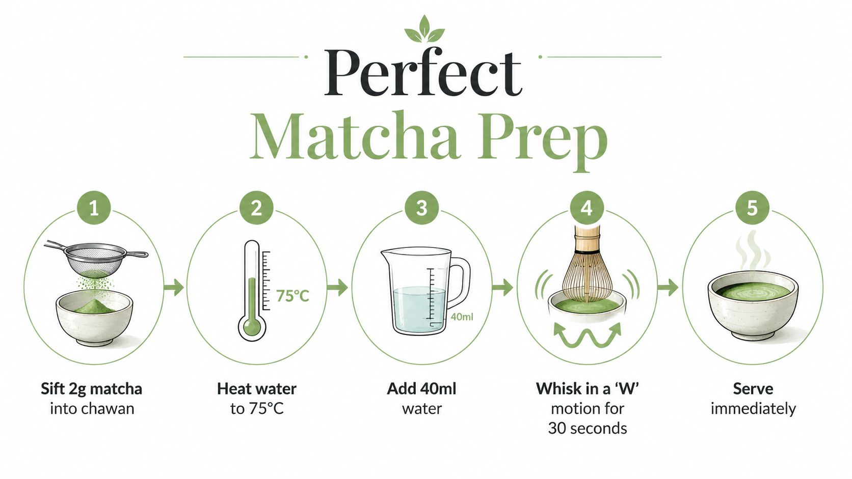 A five-step infographic showing the process for preparing traditional matcha tea using a bowl, whisk, and hot water.