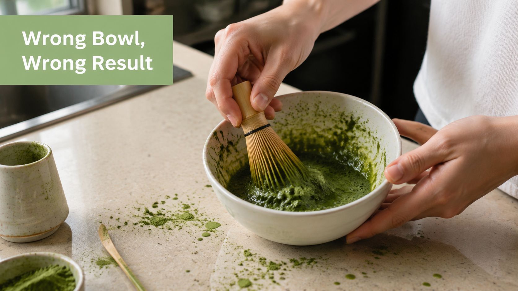 A person whisking matcha tea in a bowl that is not the traditional shape for frothing.
