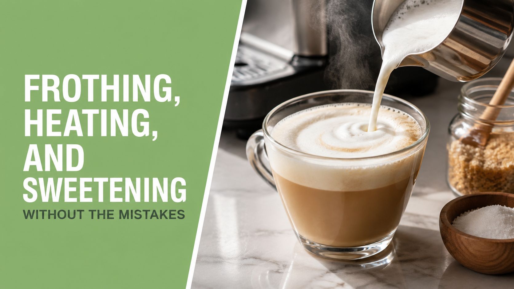 A cup of coffee with steamed, frothed milk being poured into it, with sugar nearby.