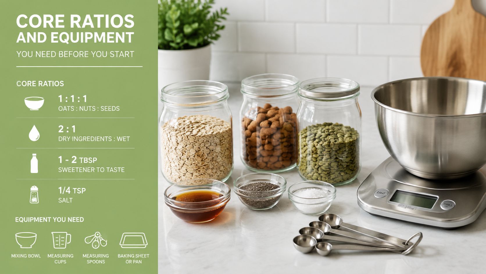 A kitchen counter displaying containers of dry ingredients and tools for making homemade granola or cereal.