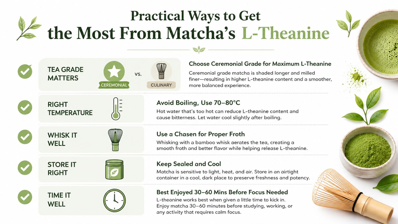An infographic detailing practical tips for maximizing L-theanine in matcha green tea for optimal focus.
