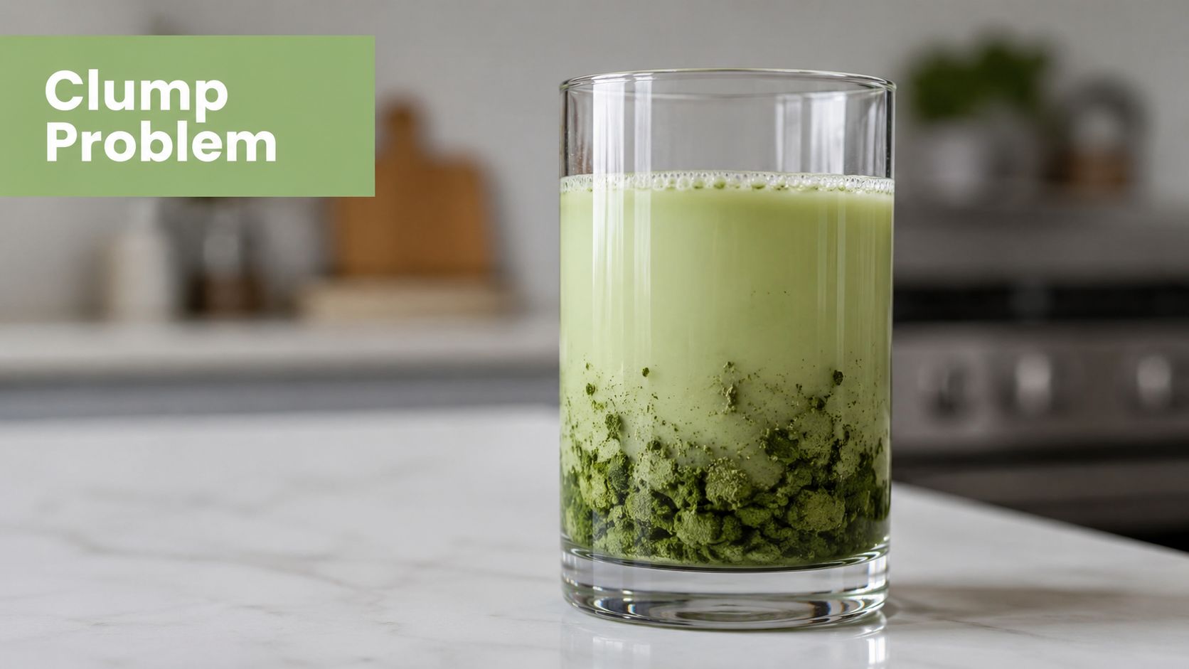 A clear glass filled with a light green matcha latte showing significant dark green powder clumps.