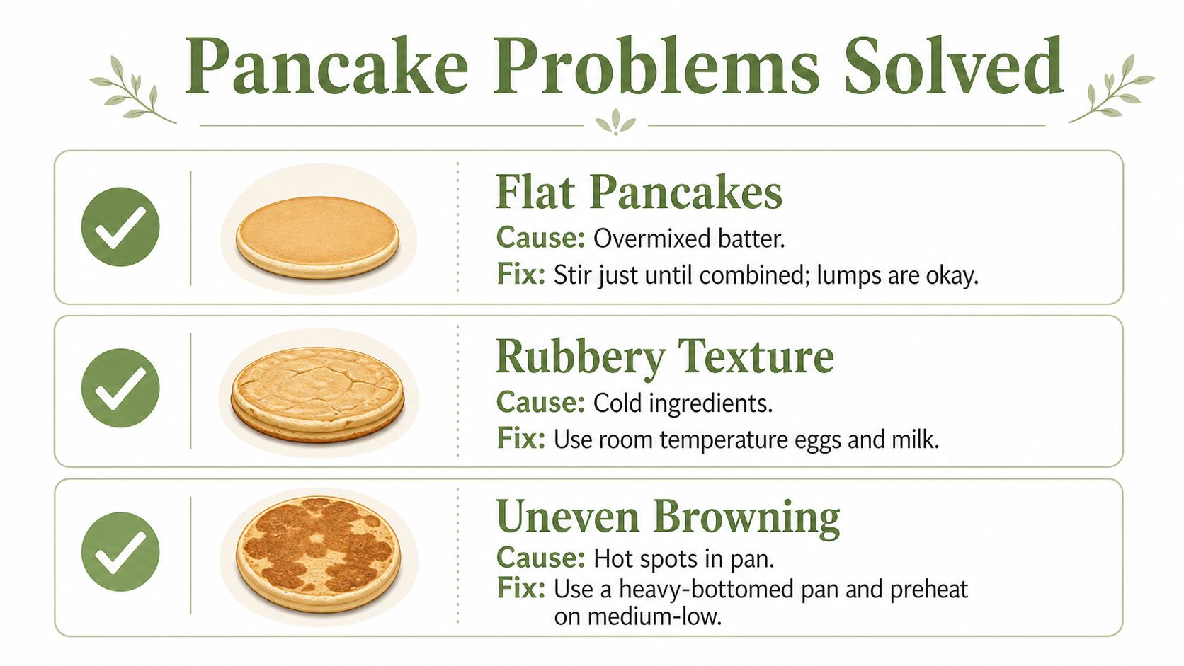 A helpful infographic titled Pancake Problems Solved showing common issues, their causes, and quick fixes.