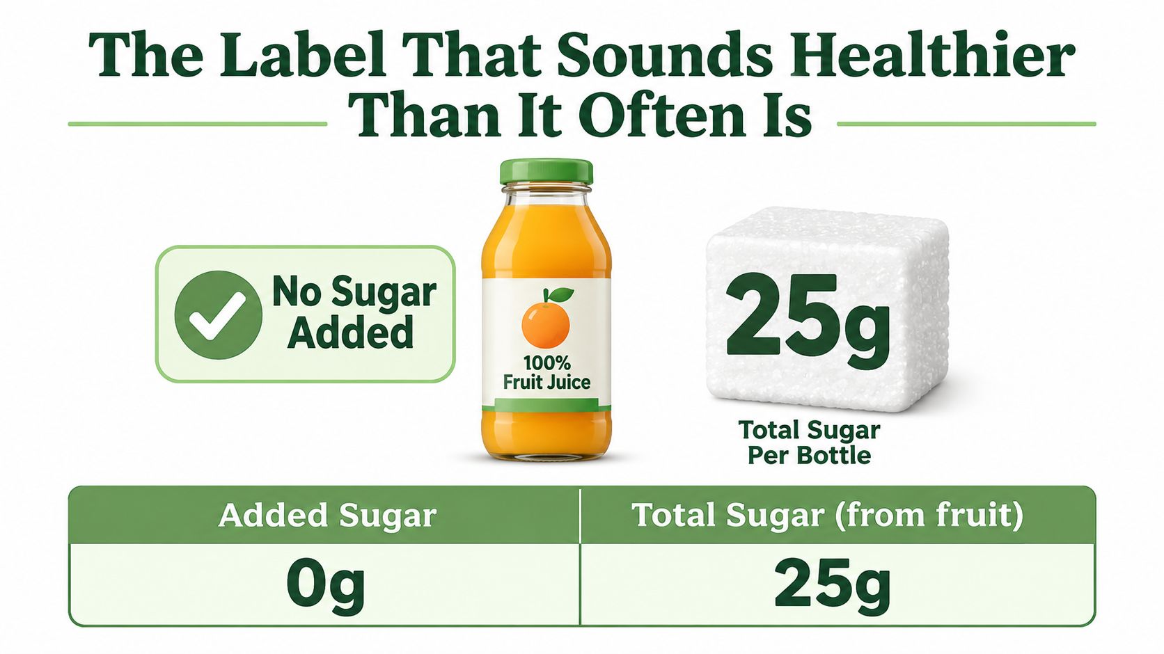 An infographic showing that 100% fruit juice, while having no sugar added, still contains 25g of total sugar.