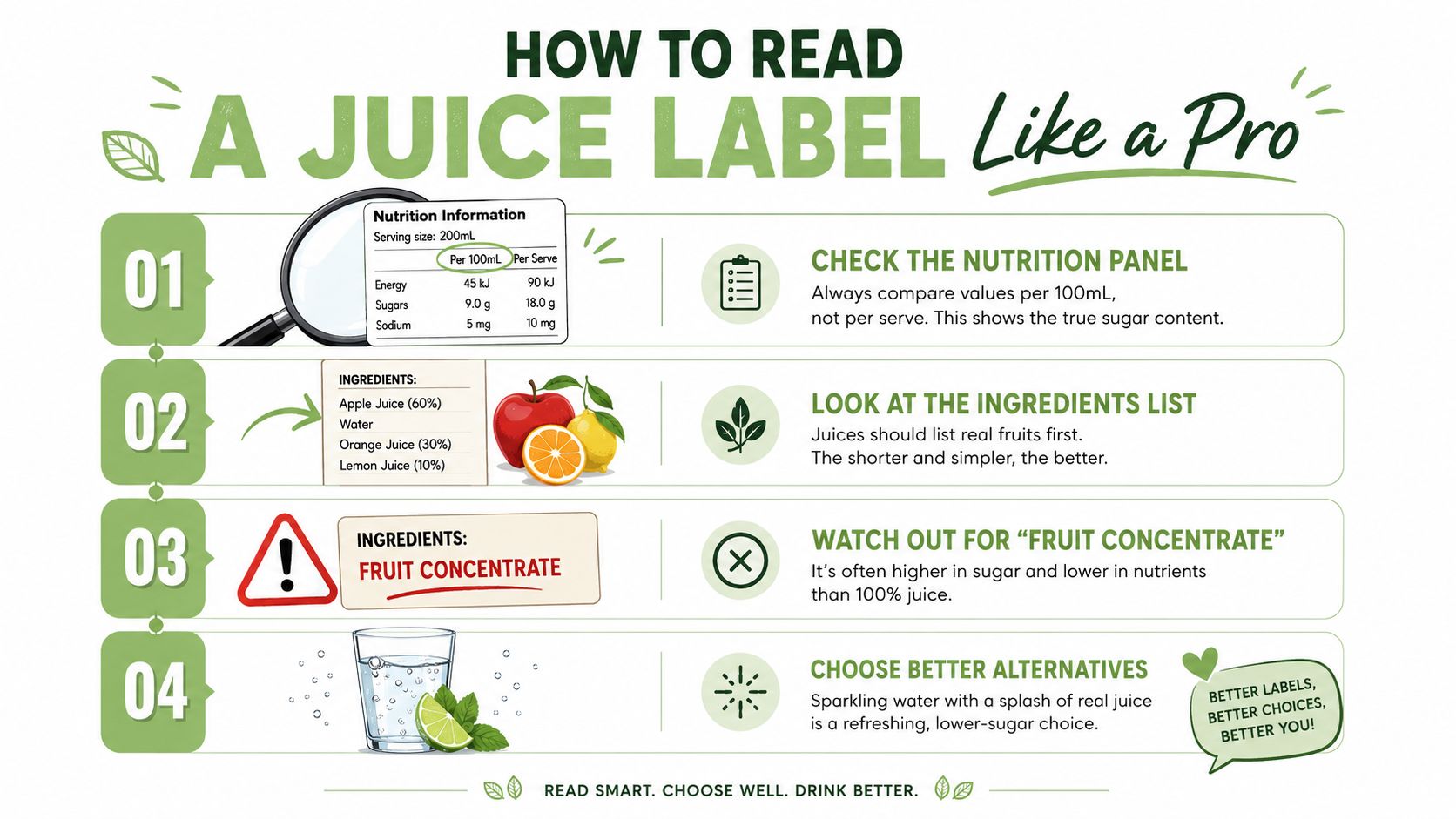 An infographic titled How to Read a Juice Label Like a Pro with four helpful tips.
