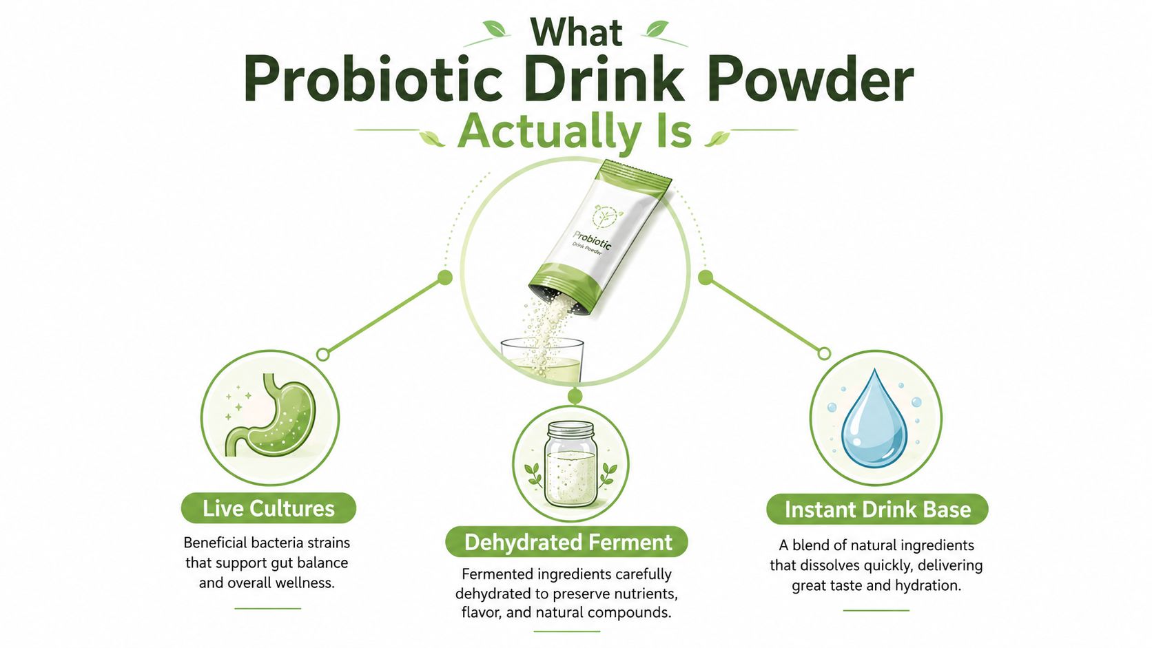 An infographic explaining the components of probiotic drink powder, featuring live cultures, dehydrated ferment, and drink base.
