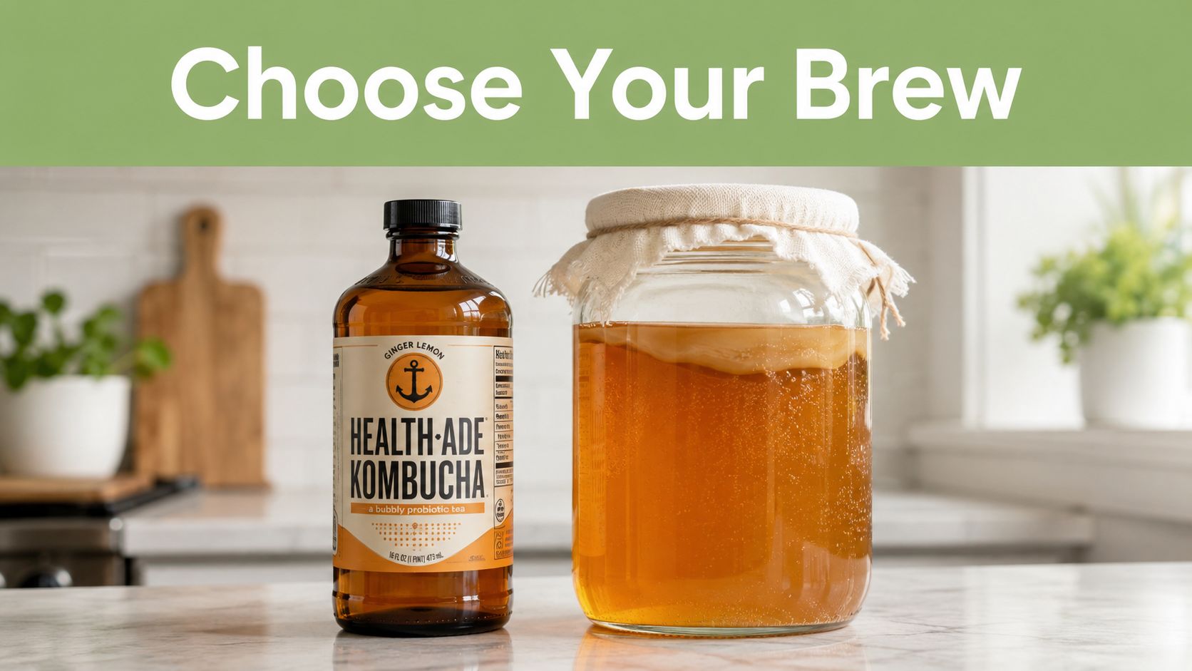 A store-bought bottle of Health-Ade kombucha next to a large glass jar of homemade fermented kombucha.