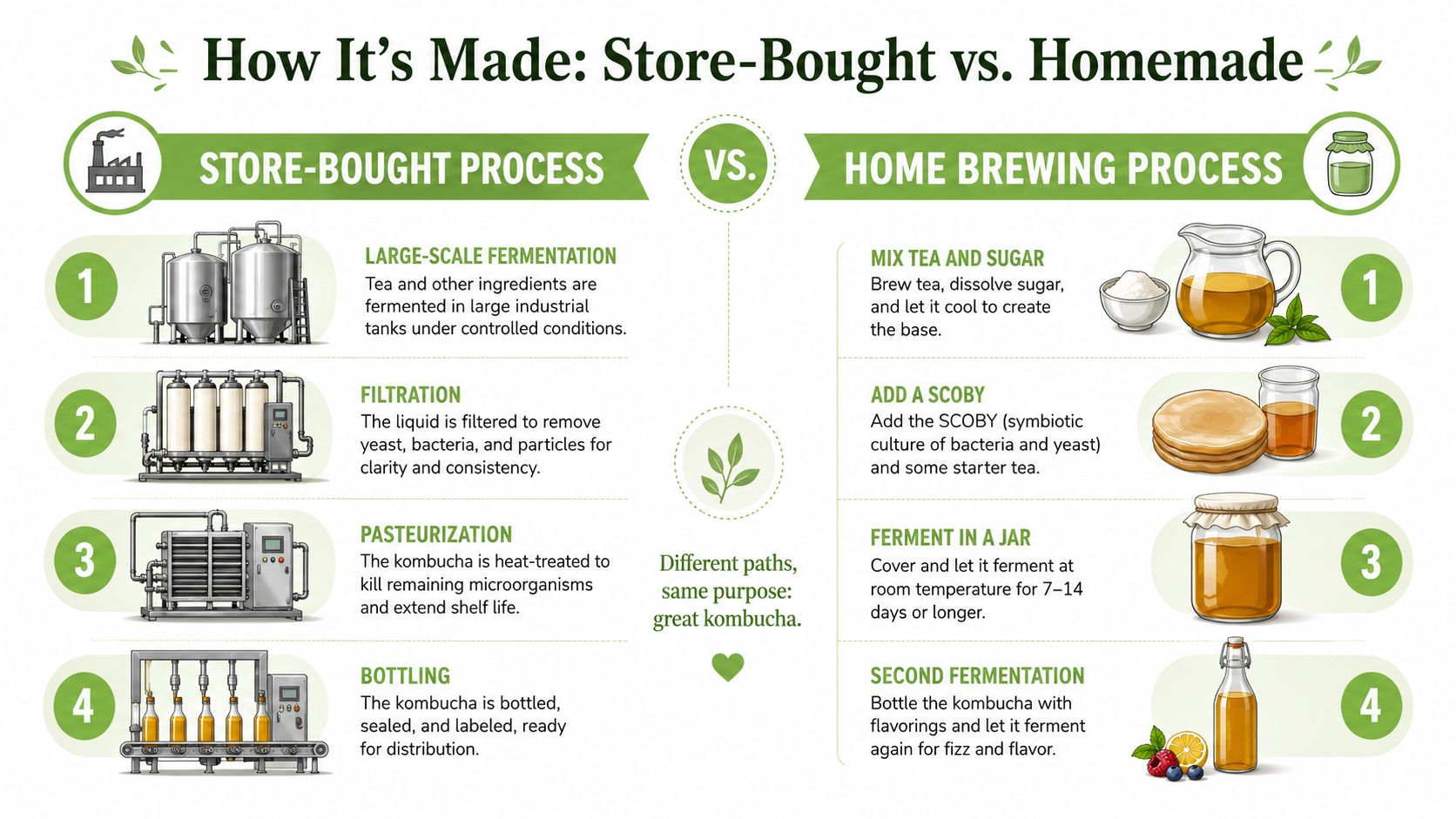 An infographic comparing the industrial store-bought kombucha production process against the simple home brewing method.