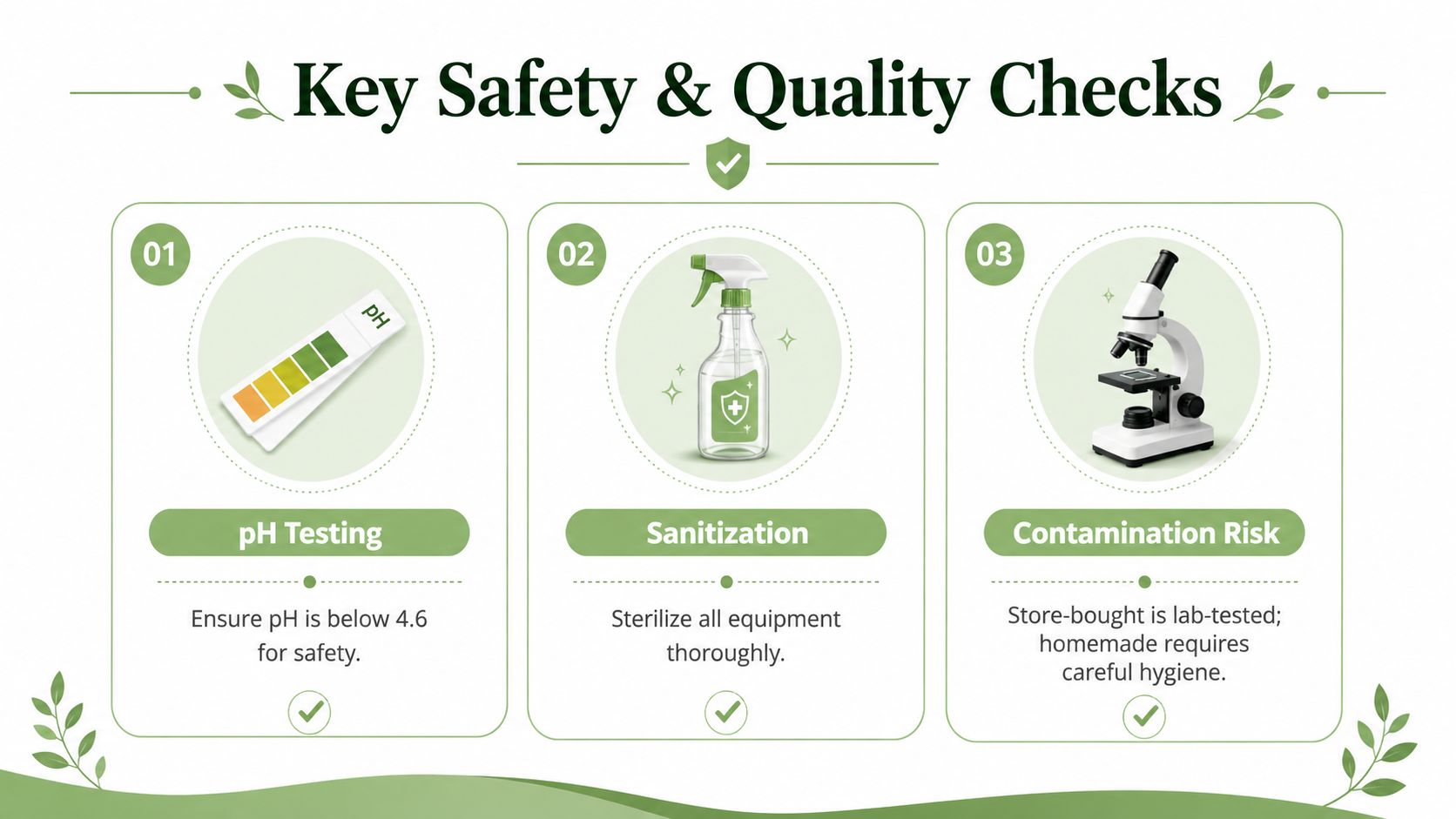 An infographic titled Key Safety and Quality Checks highlighting pH testing, equipment sanitization, and contamination risk assessment.