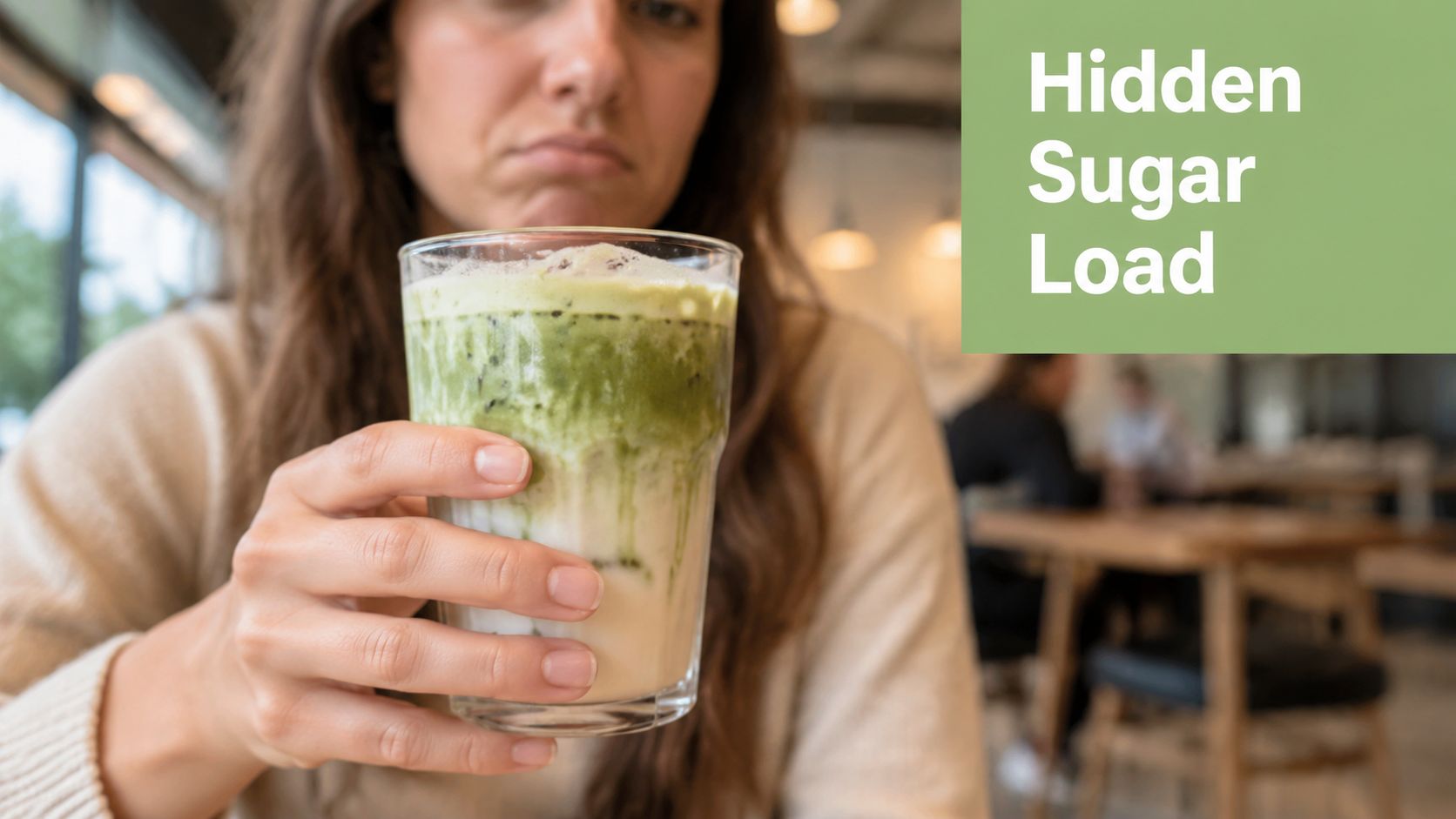 A woman holding a green matcha latte, skeptical about the amount of hidden sugar in the drink.