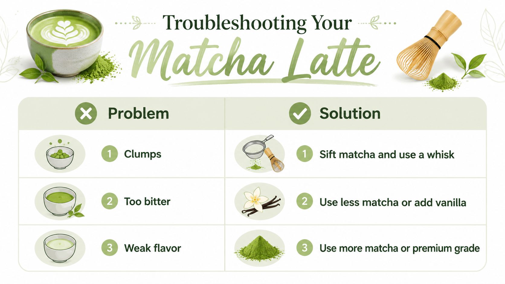 A troubleshooting infographic for making matcha lattes, showing solutions for clumps, bitterness, and weak flavor problems.