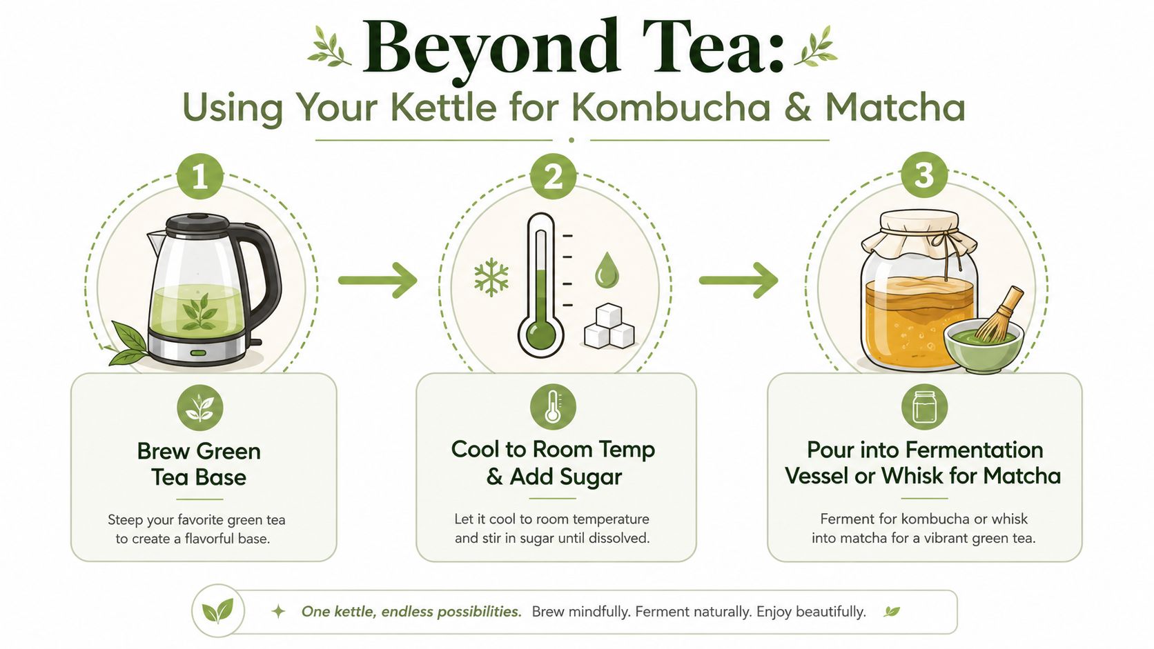 A three-step infographic showing how to use a tea kettle to prepare base for kombucha or matcha.