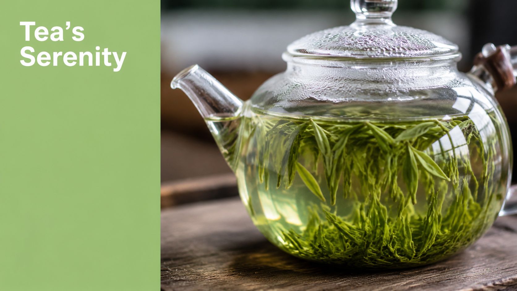 A clear glass teapot filled with steeped green tea leaves on a rustic wooden surface.