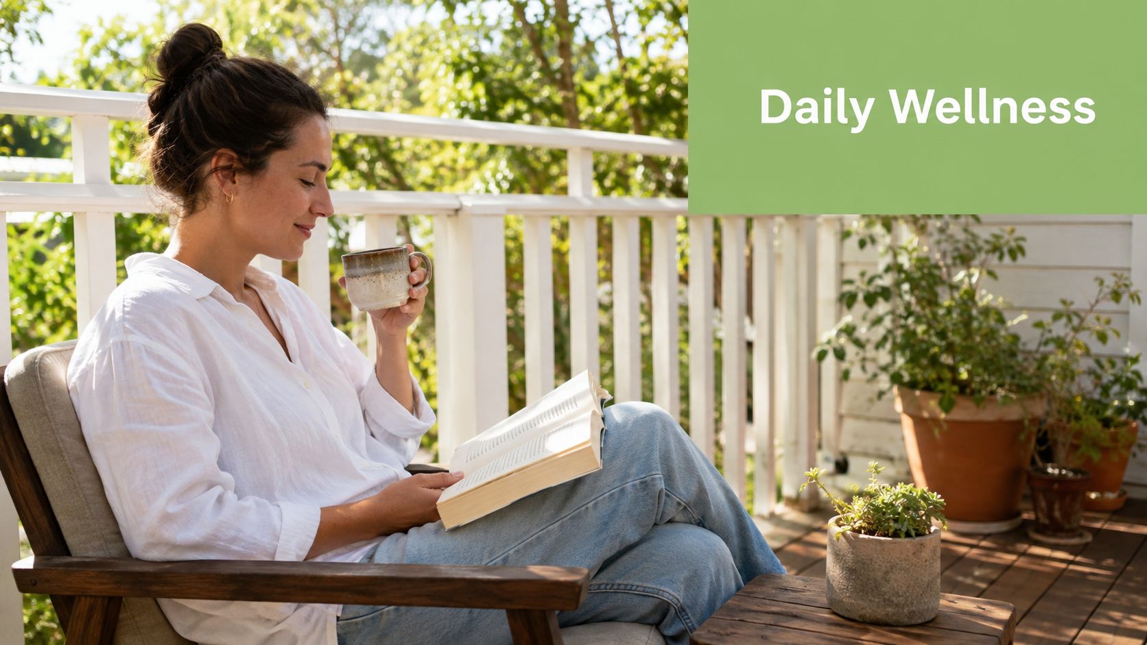 A relaxed woman reads a book while sitting on a balcony and drinking a hot beverage.