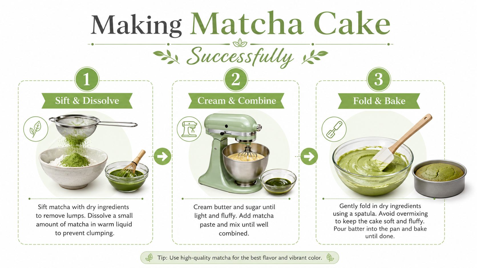 An infographic illustrating the three simple steps to bake a delicious and vibrant matcha green tea cake.