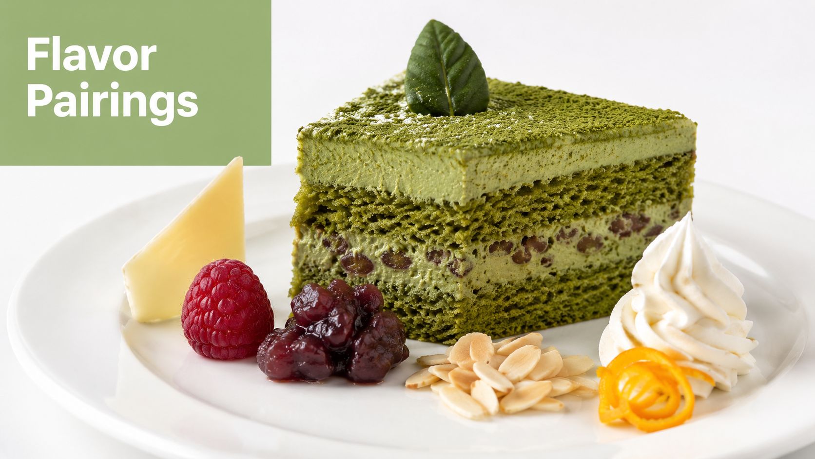 A slice of layered matcha cake garnished with red beans, raspberries, sliced almonds, and whipped cream.