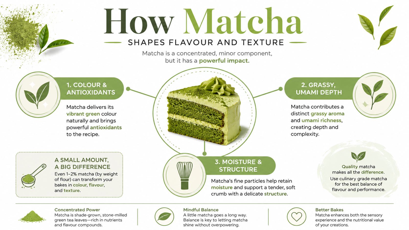 An infographic titled How Matcha Shapes Flavour and Texture with a matcha cake in the center.