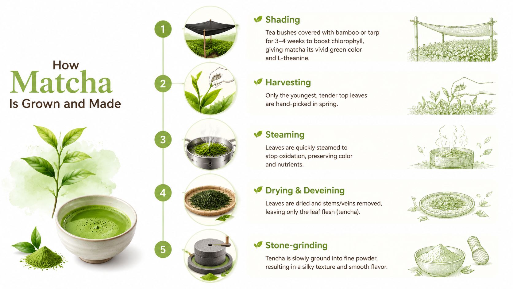 An infographic illustrating the five steps of growing and making matcha, from shading to stone grinding.