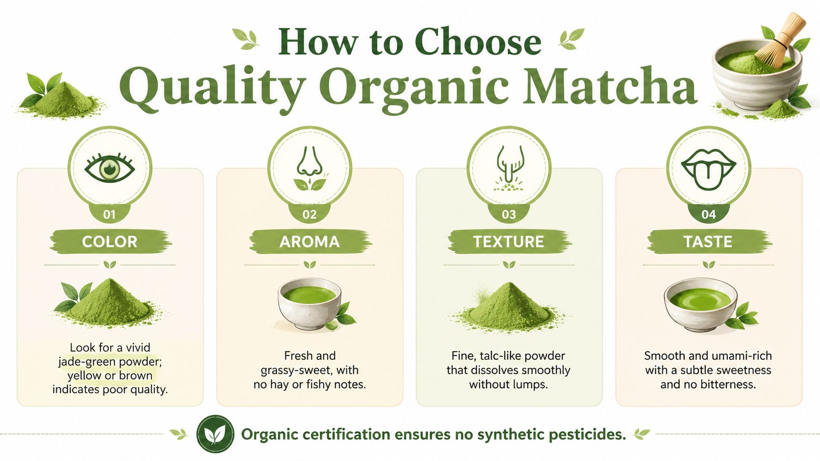 An infographic detailing four visual, aromatic, textural, and taste indicators to identify high-quality organic matcha green tea.