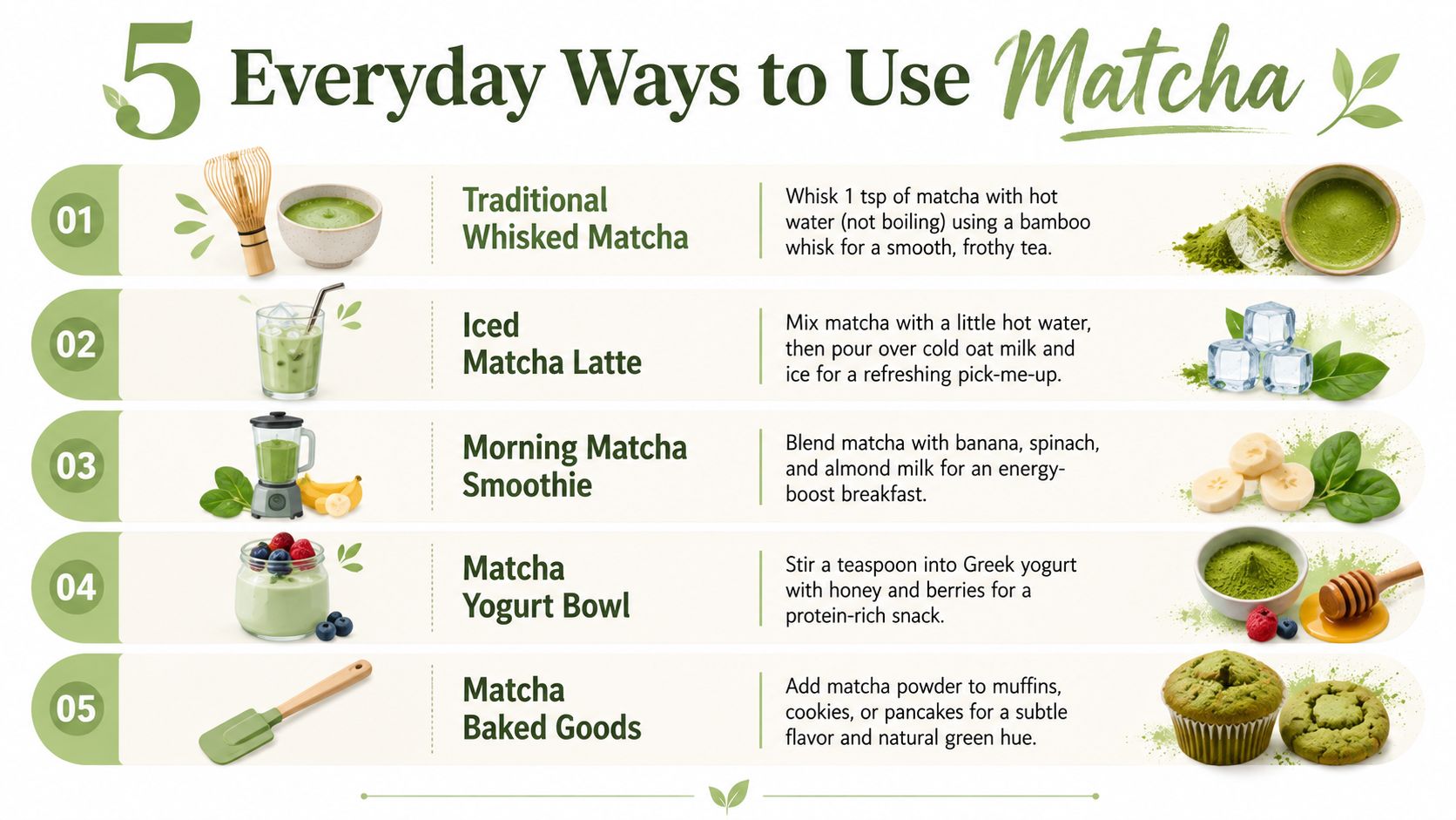An infographic displaying five different ways to use matcha green tea powder including recipes and serving ideas.