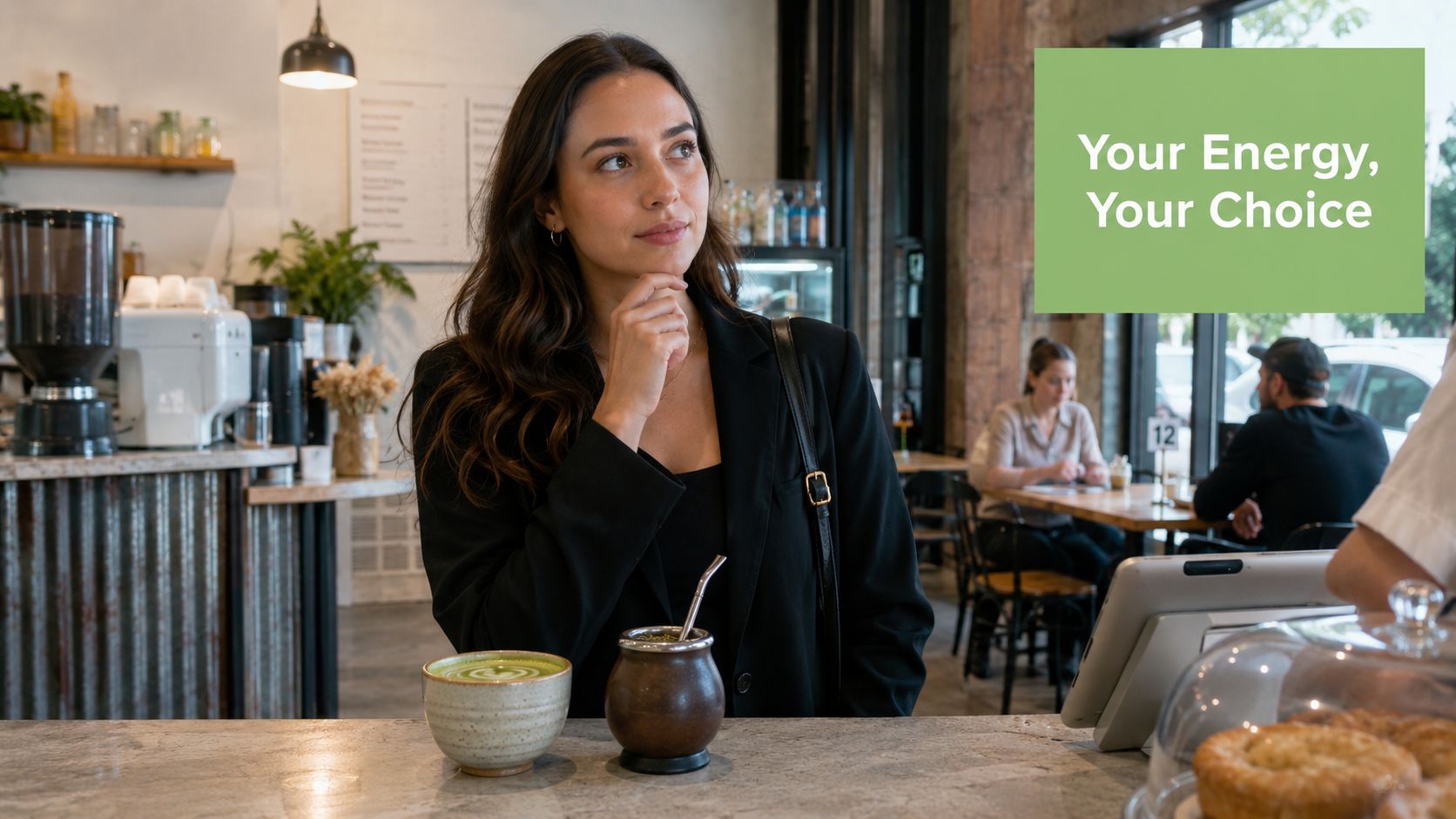 A woman contemplating choices while standing at a cafe counter with matcha tea and yerba mate.
