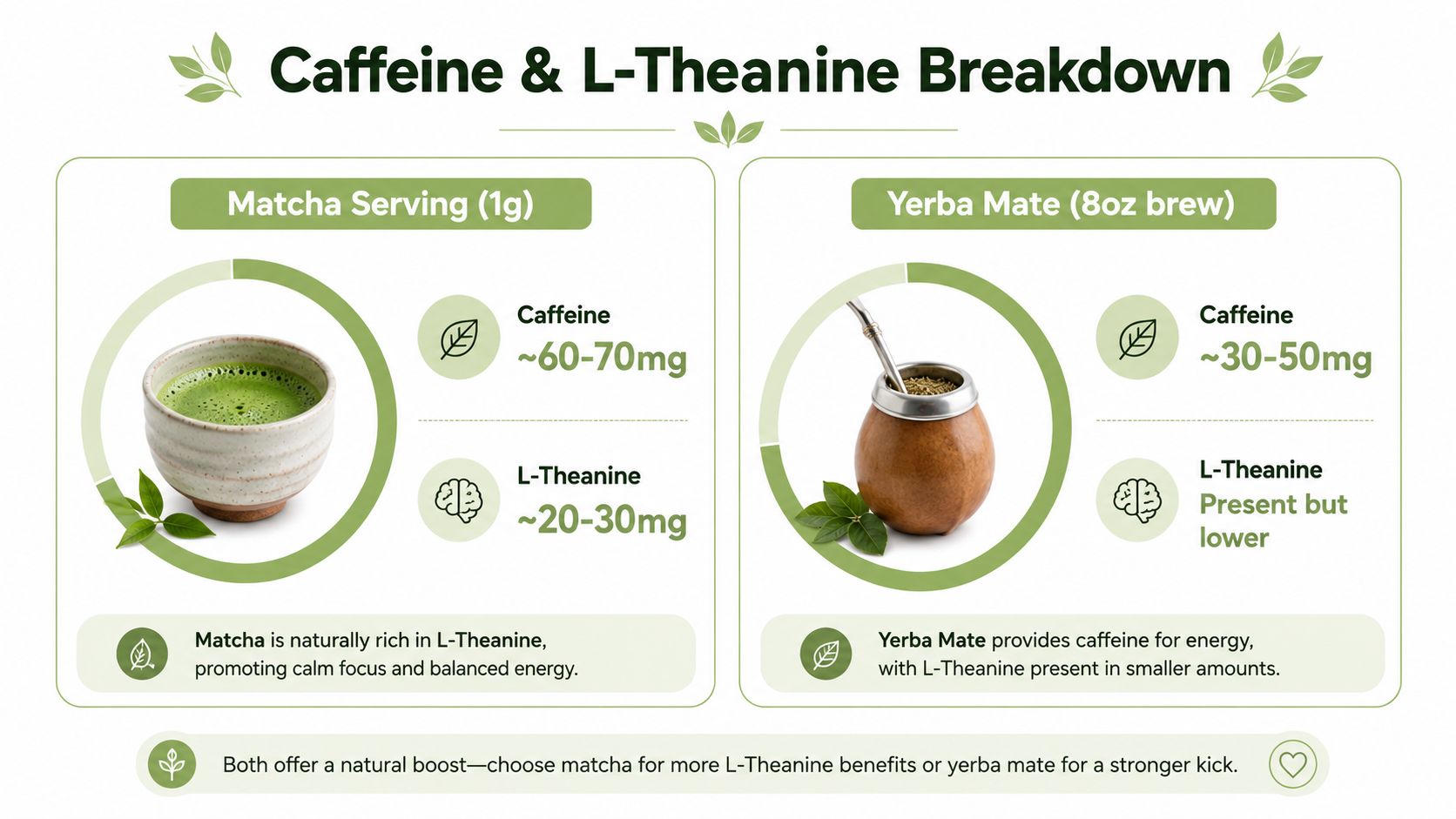 A comparison chart showing caffeine and L-Theanine levels in a serving of matcha versus yerba mate.