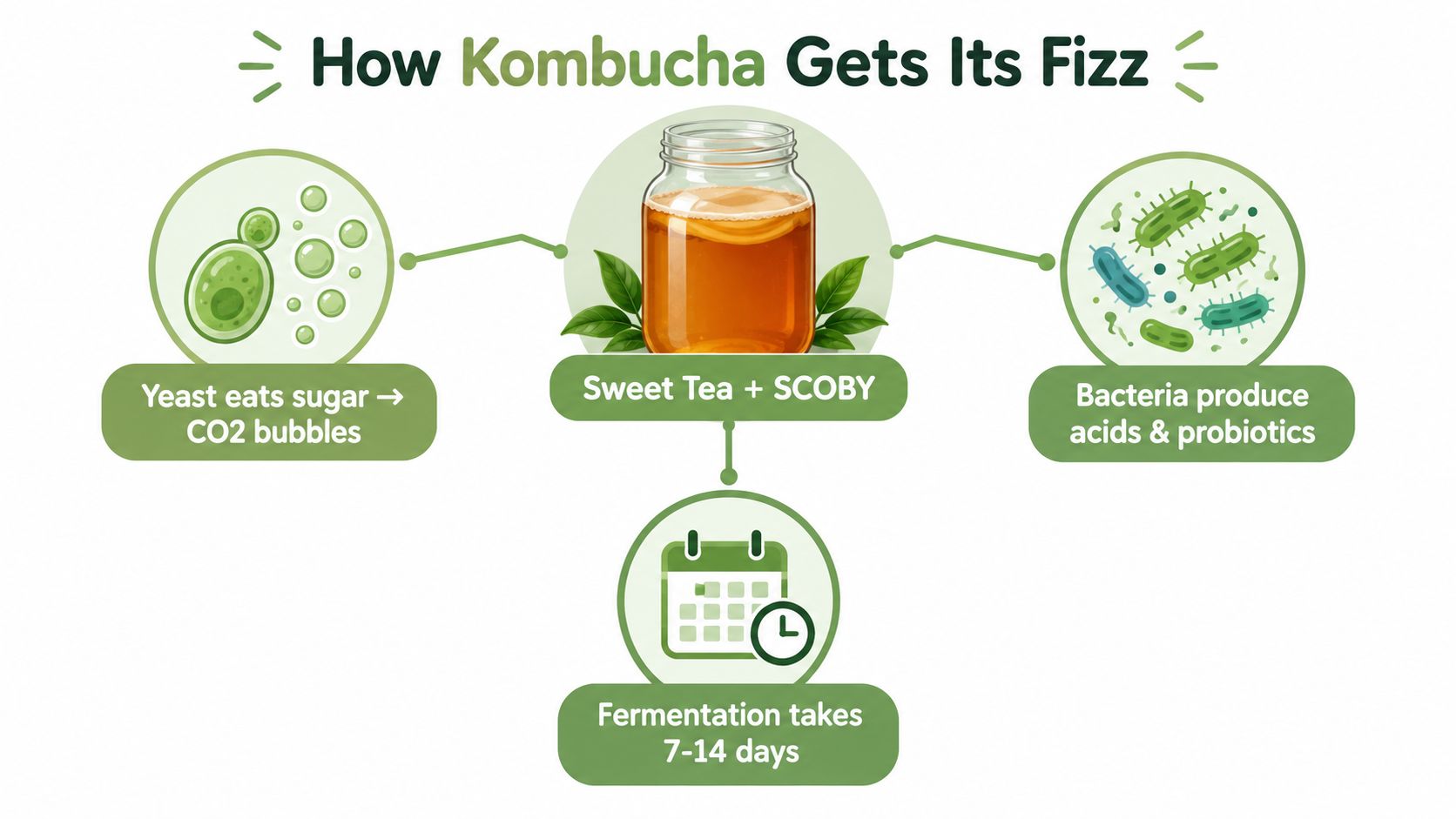 An infographic showing the fermentation process of kombucha using sweet tea, yeast, bacteria, and a SCOBY.