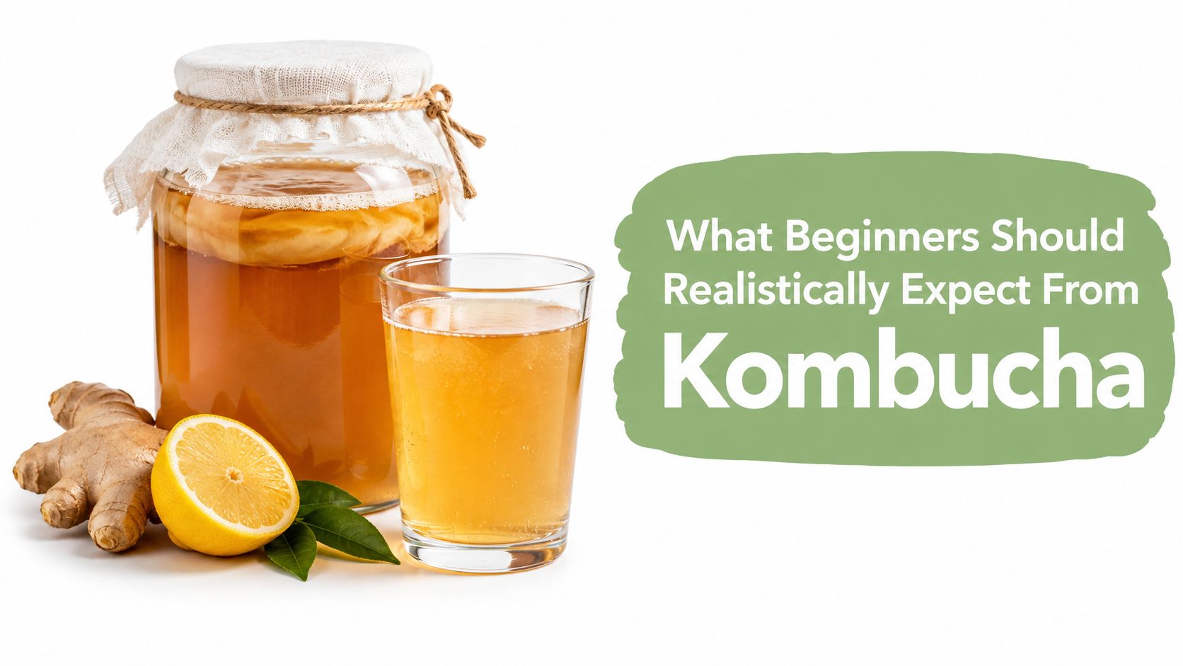 A glass of kombucha sits next to a glass jar containing a scoby with ginger and lemon.