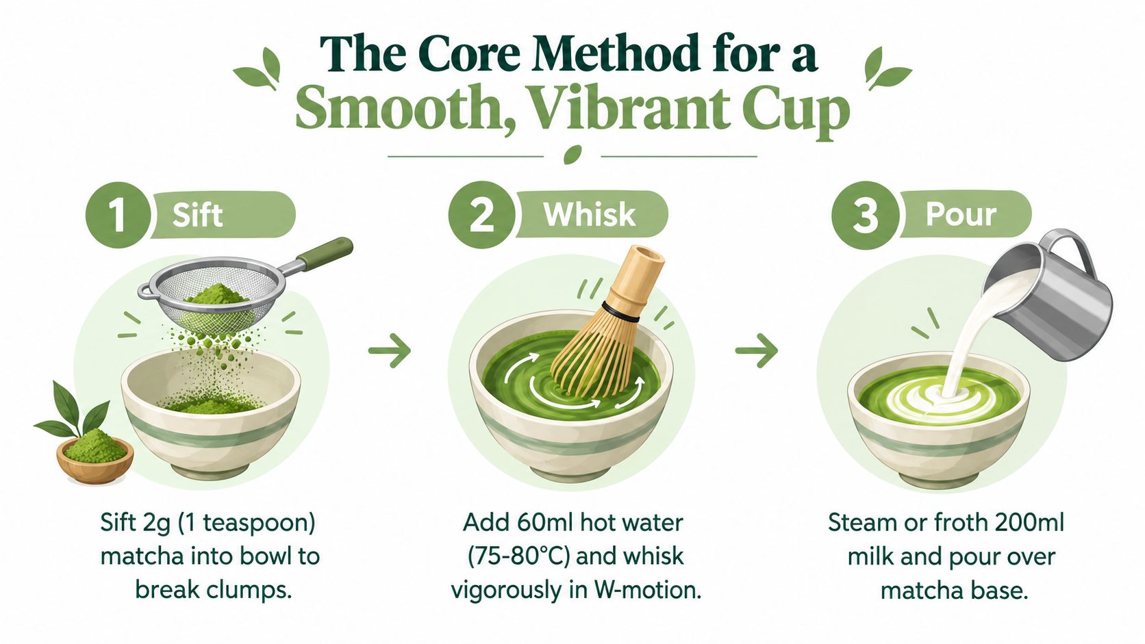 An infographic showing the three-step process for making a matcha latte by sifting, whisking, and pouring.
