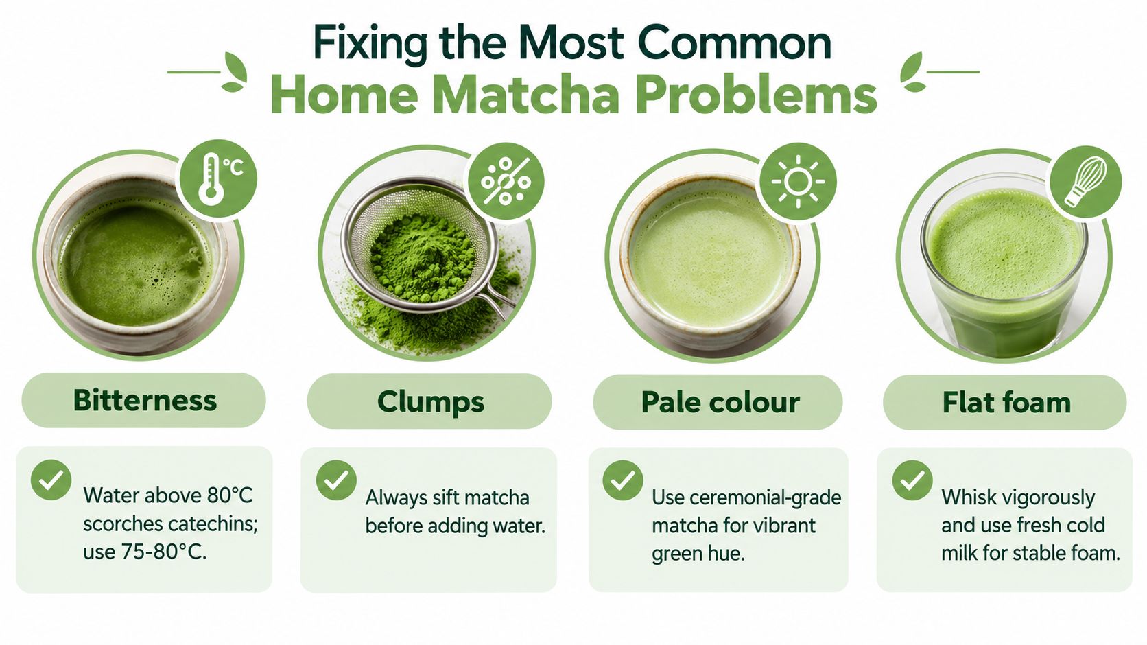 An infographic detailing common home matcha problems like bitterness, clumps, pale color, and flat foam.