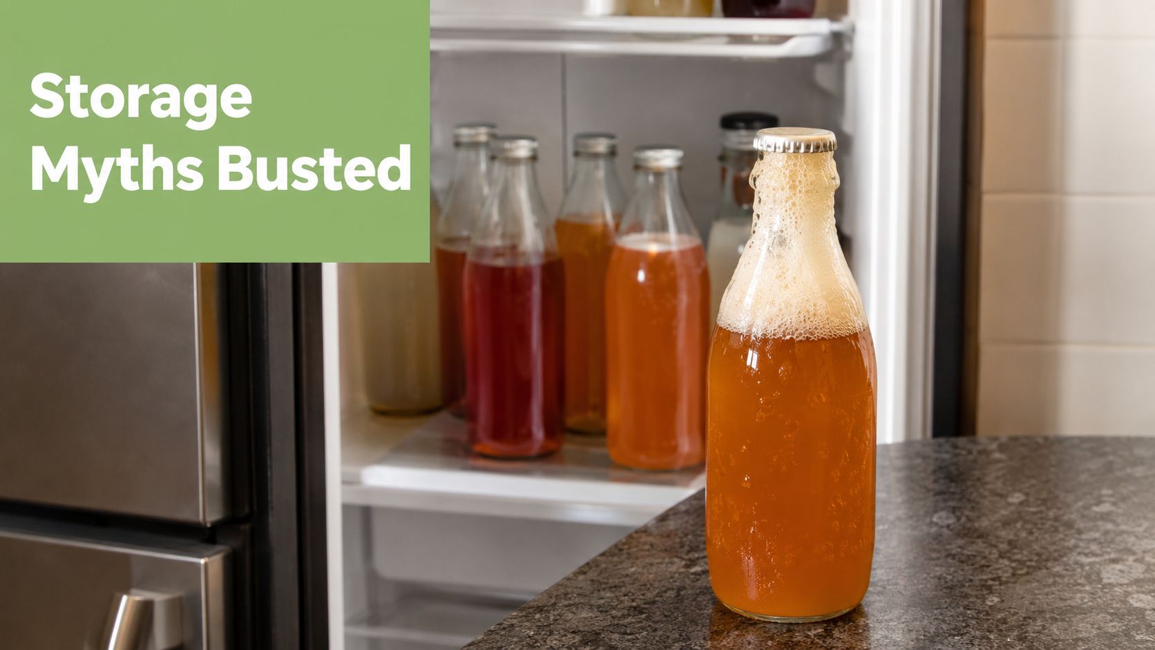 A glass bottle of bubbly kombucha sits on a counter next to a refrigerator filled with bottled drinks.