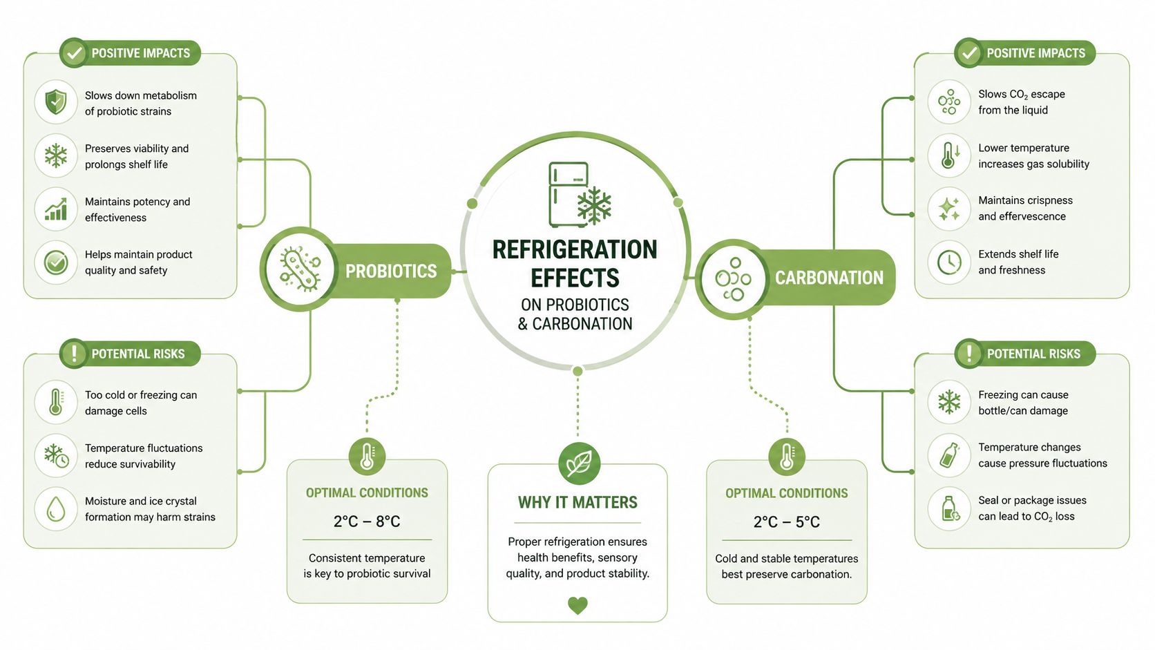 A diagram illustrating the effects of refrigeration on probiotics and carbonation in products like kombucha.