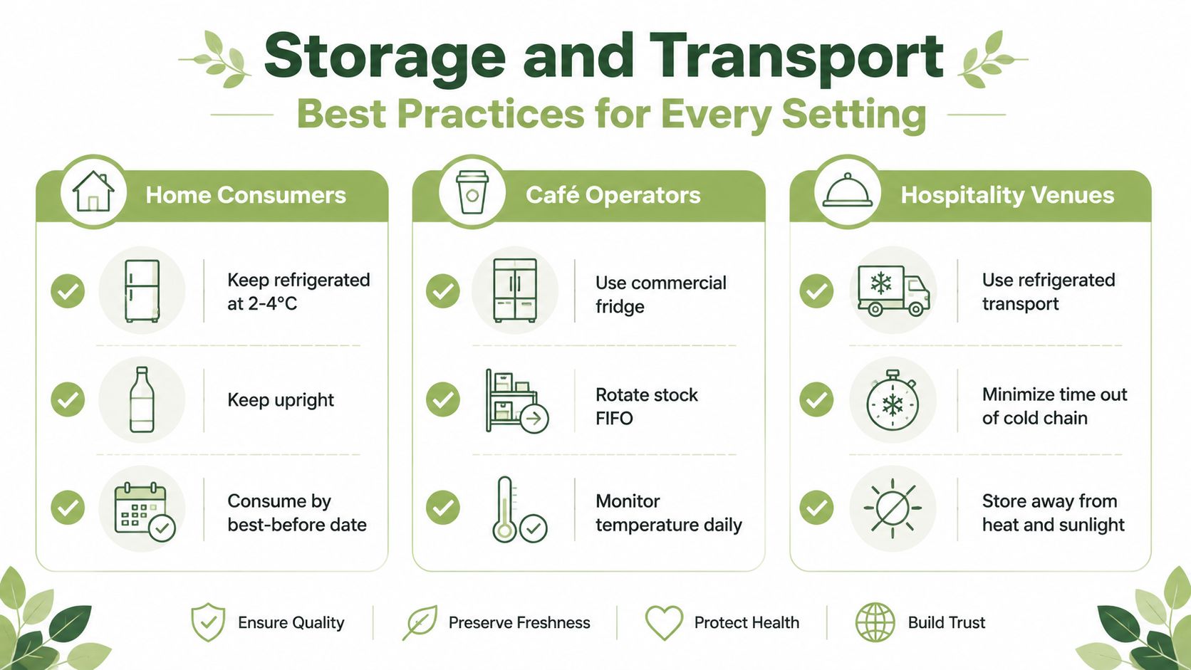 An infographic detailing best storage and transport practices for kombucha across home, cafe, and hospitality settings.
