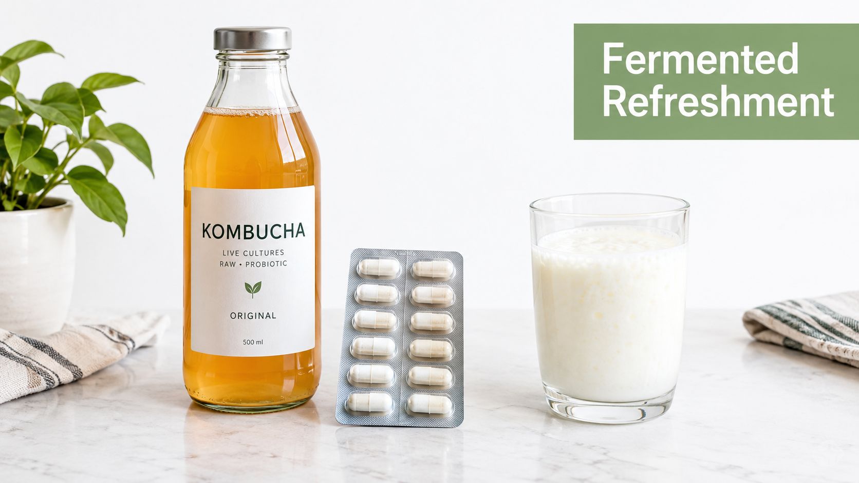 A glass bottle of kombucha, a blister pack of pills, and a glass of milk on a table.