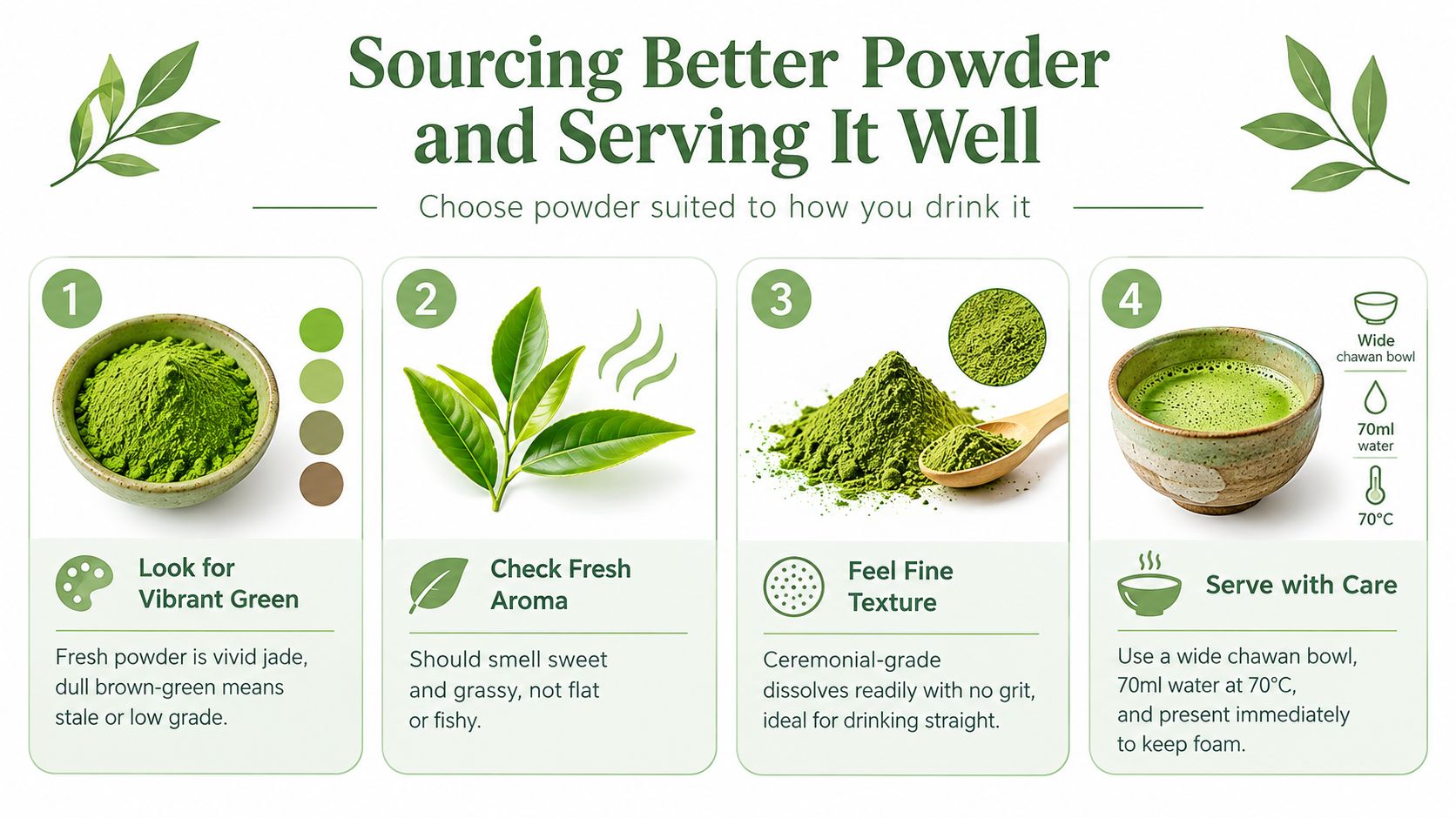 An infographic detailing four essential steps for selecting and preparing high-quality matcha tea powder properly.