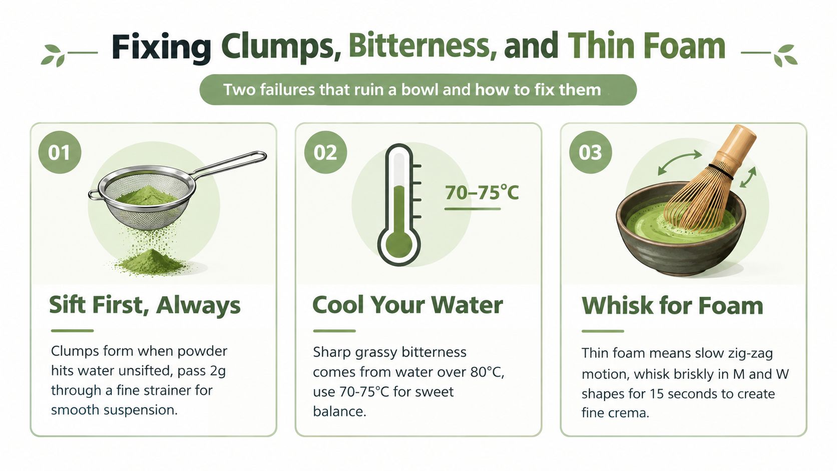 An infographic titled Fixing Clumps, Bitterness, and Thin Foam, explaining how to make better matcha tea.
