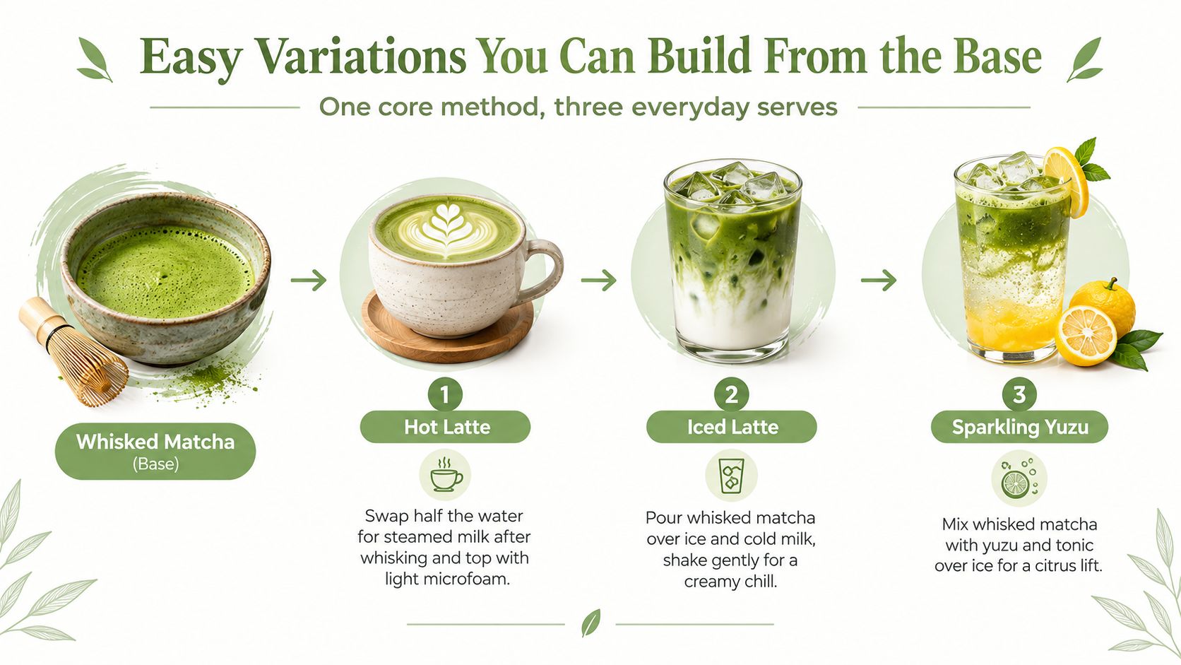 An infographic showing three ways to serve whisked matcha: a hot latte, an iced latte, and a sparkling yuzu.