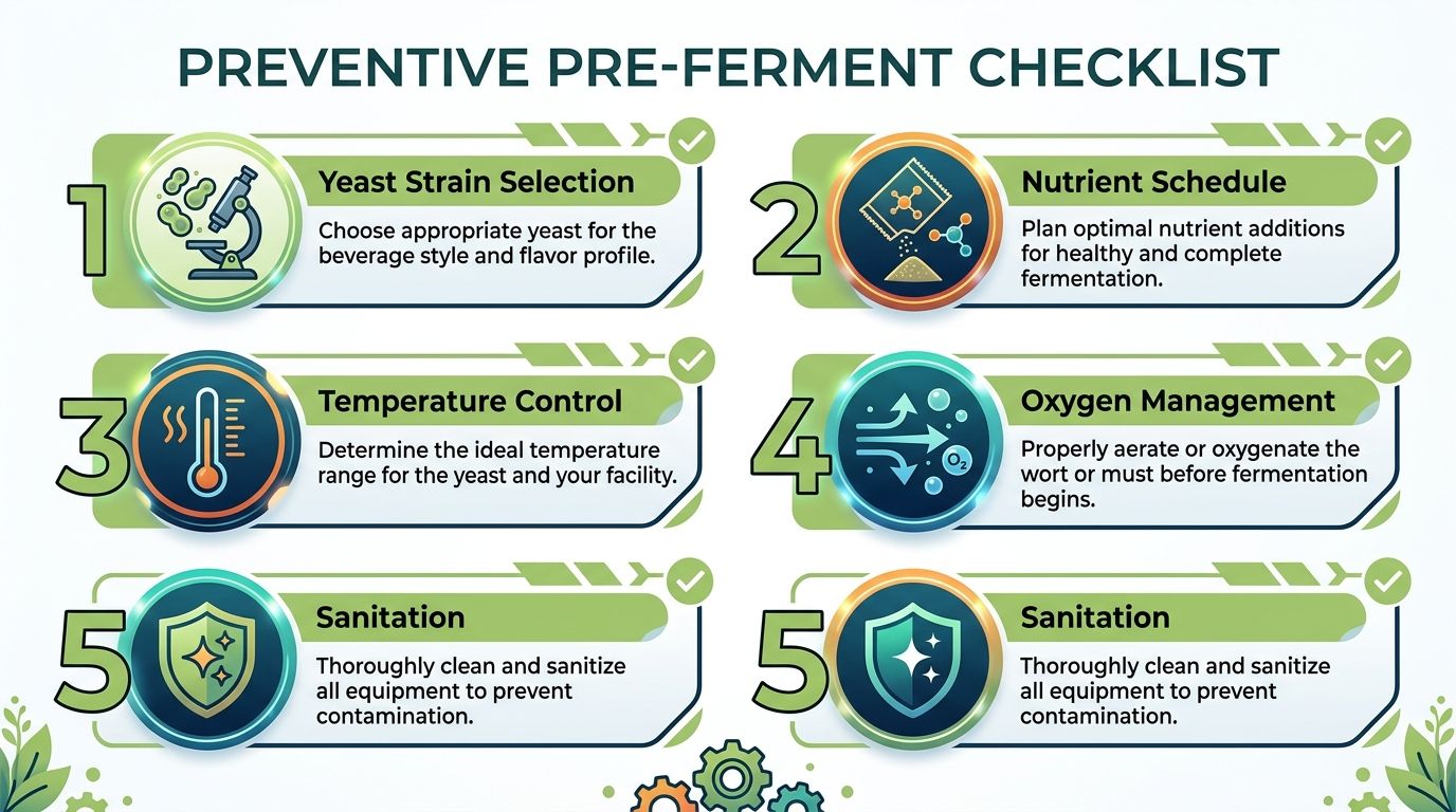 A preventive pre-ferment checklist showing five key steps for successful beverage fermentation with icons.