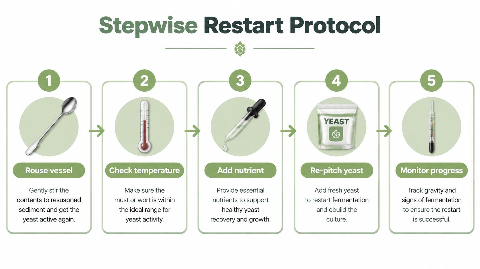 A five-step infographic guide titled Stepwise Restart Protocol showing how to restart stuck fermentation for brewers.