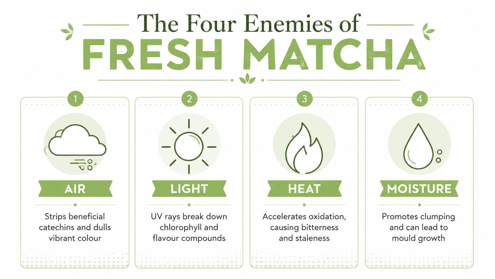 An educational graphic titled The Four Enemies of Fresh Matcha, listing air, light, heat, and moisture.