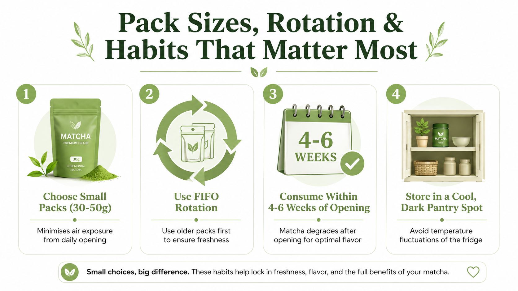 An infographic showing four essential tips for storing matcha tea to maintain its freshness and flavor.