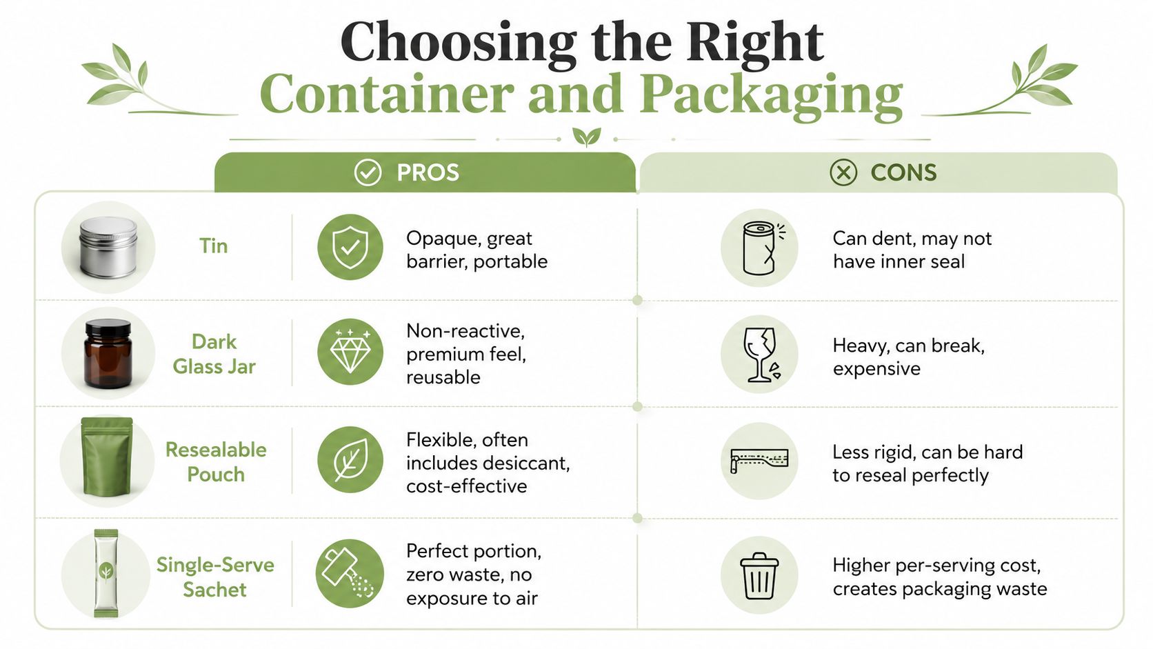 A comparison chart outlining the pros and cons of four common tea and ingredient storage containers.