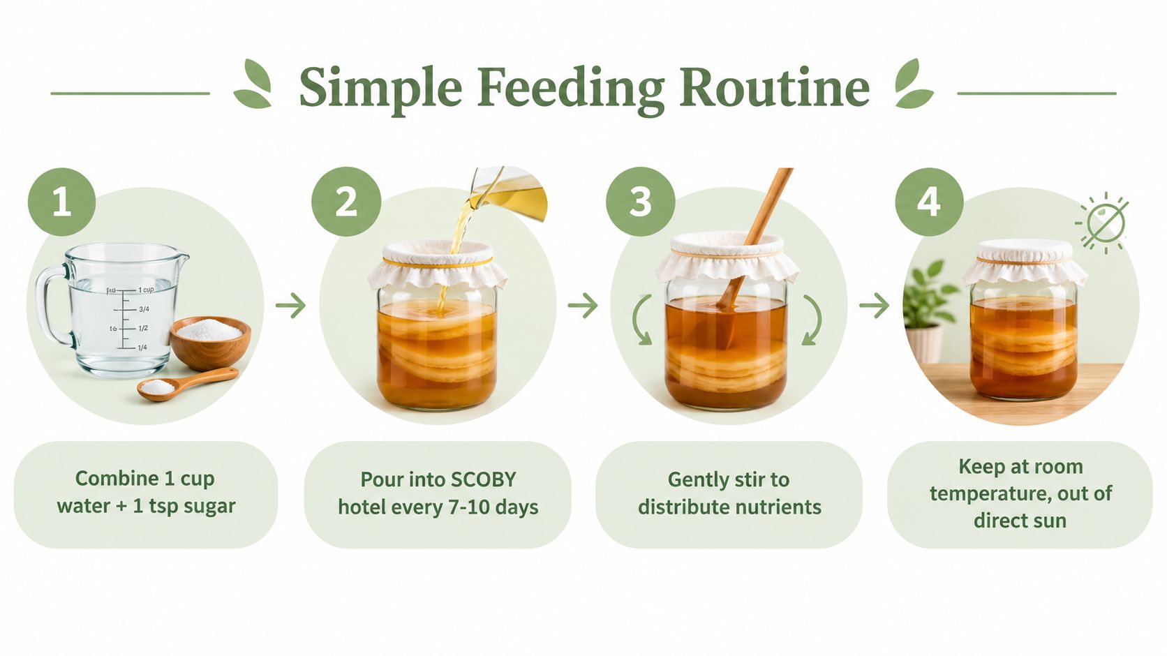 A four-step infographic illustrating a simple routine for feeding a SCOBY at home.