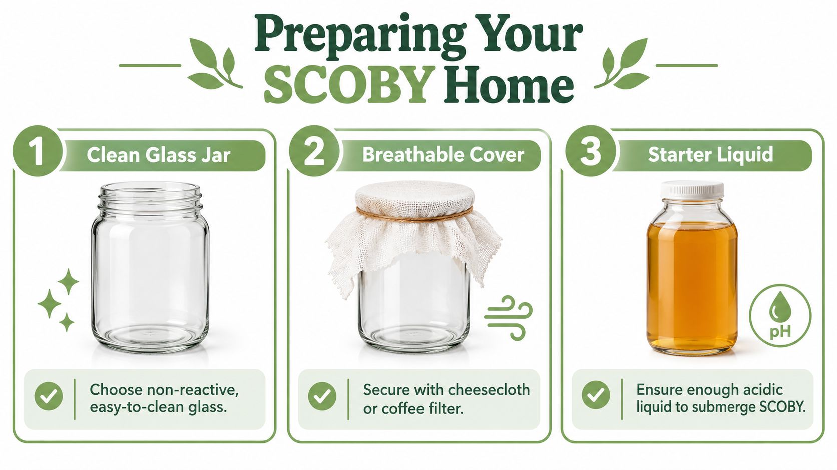 An infographic showing three essential steps for preparing a SCOBY home, including a glass jar, breathable cover, and starter liquid.