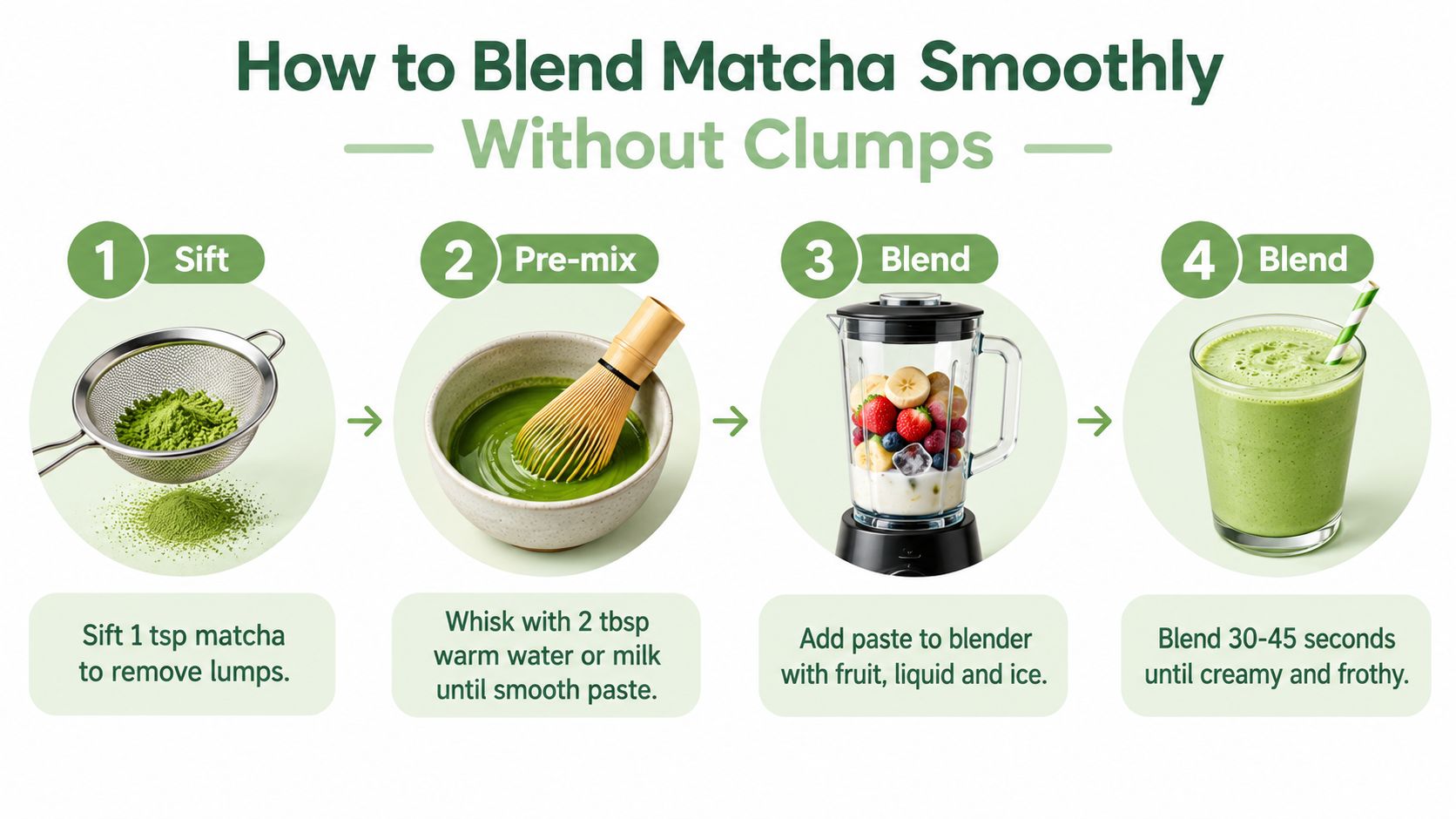 A four-step infographic showing how to properly blend matcha powder into smoothies for a clump-free texture.