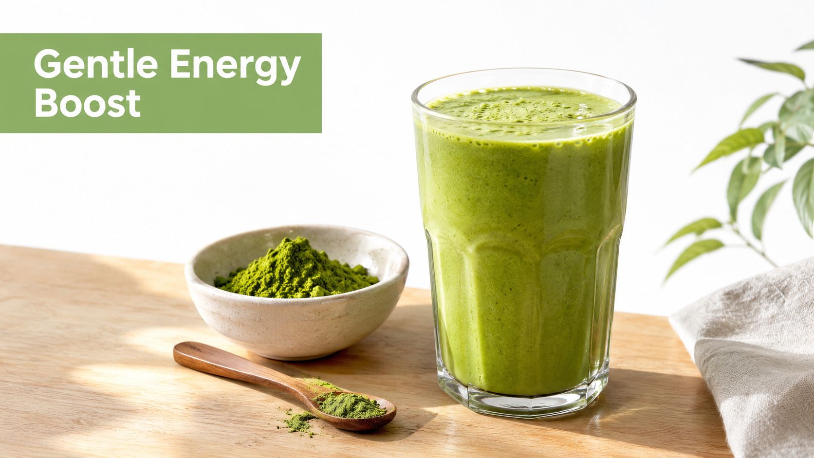 A glass of bright green matcha smoothie beside a bowl and wooden spoon of matcha green powder.