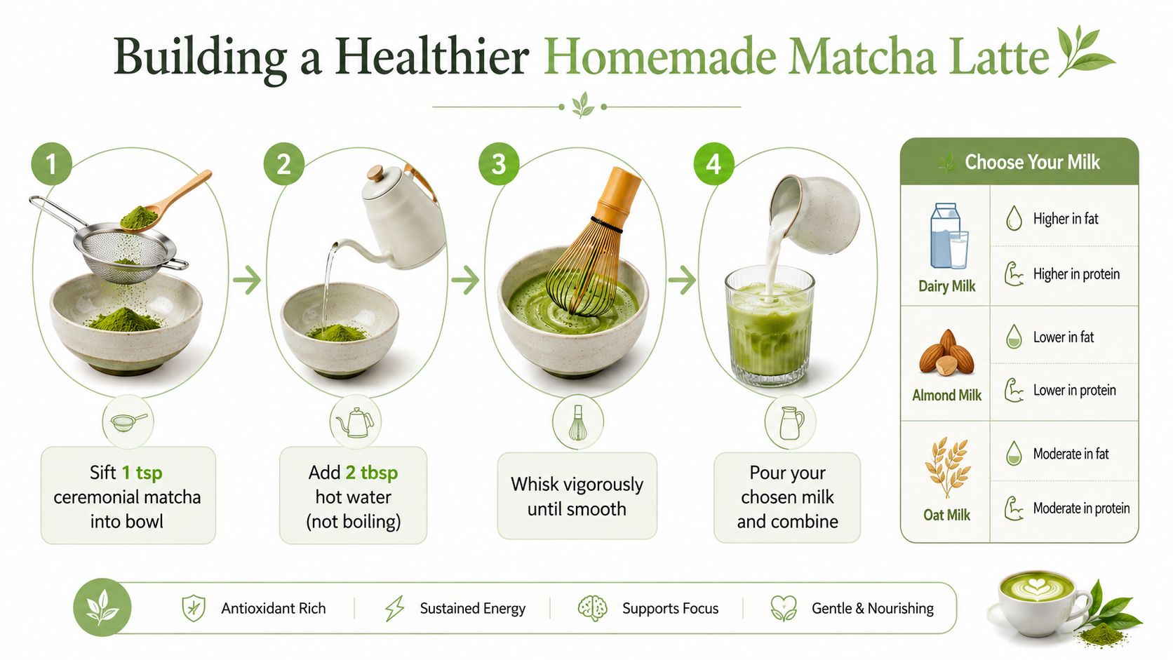 An instructional infographic detailing the step-by-step process of preparing a healthy homemade matcha latte at home.