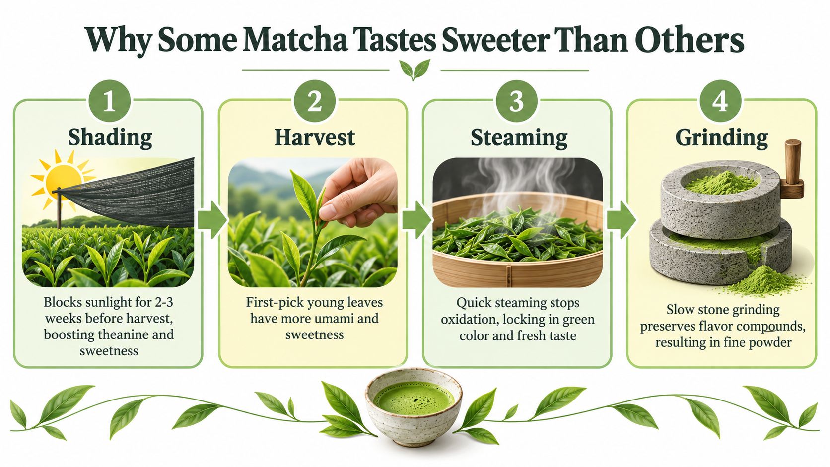 An infographic detailing the four production steps that contribute to the sweetness of high-quality matcha green tea.